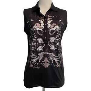 Daily Sports Tiger Tabby Top Womens Small Black Graphic Print Sleeveless Polo